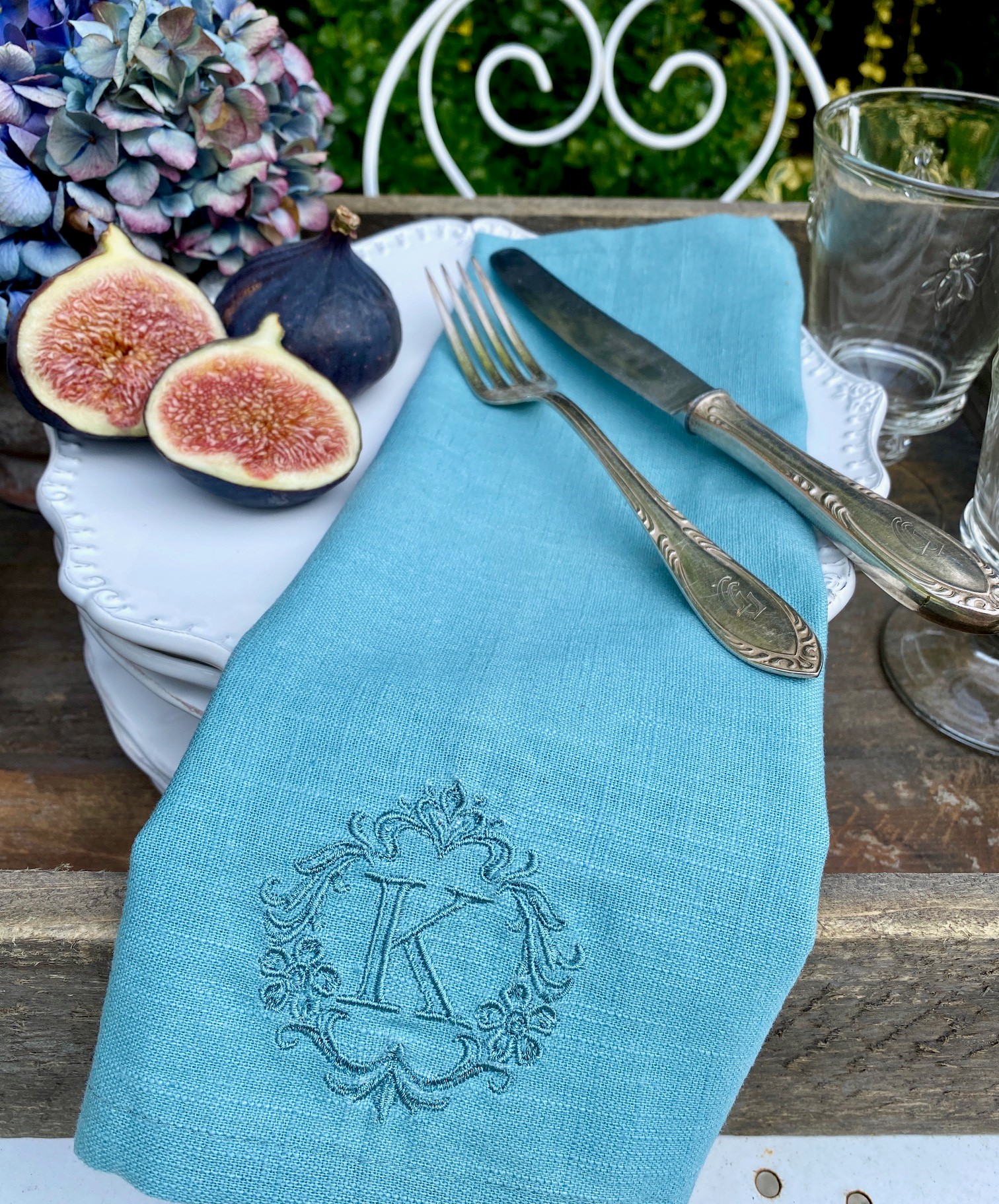 Monogramm Stickerei Leinenserviette Meergrün Serviette Leinen bestickt