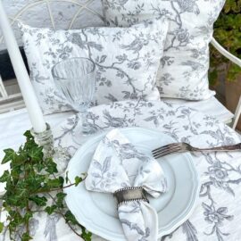 Kissenbezug Leinen mit floralem Vogelmotiv